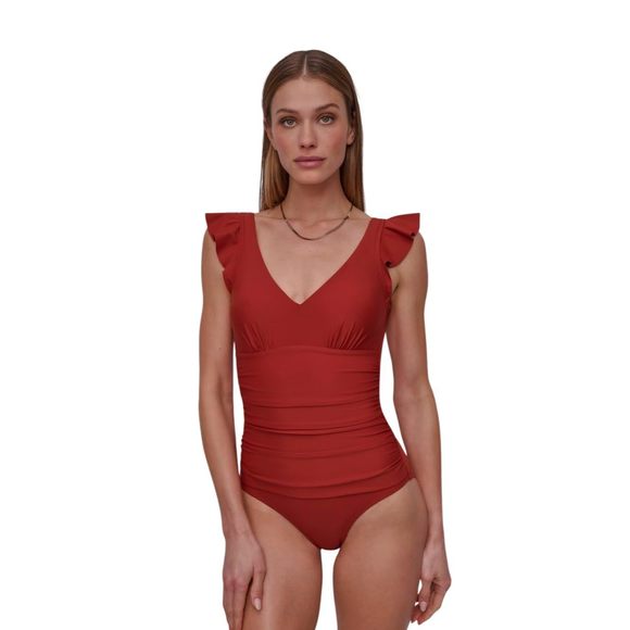DKNY Women's Standard Ruffle Shoulder V-Neck One Piece Swimsuit Sunset X-Large